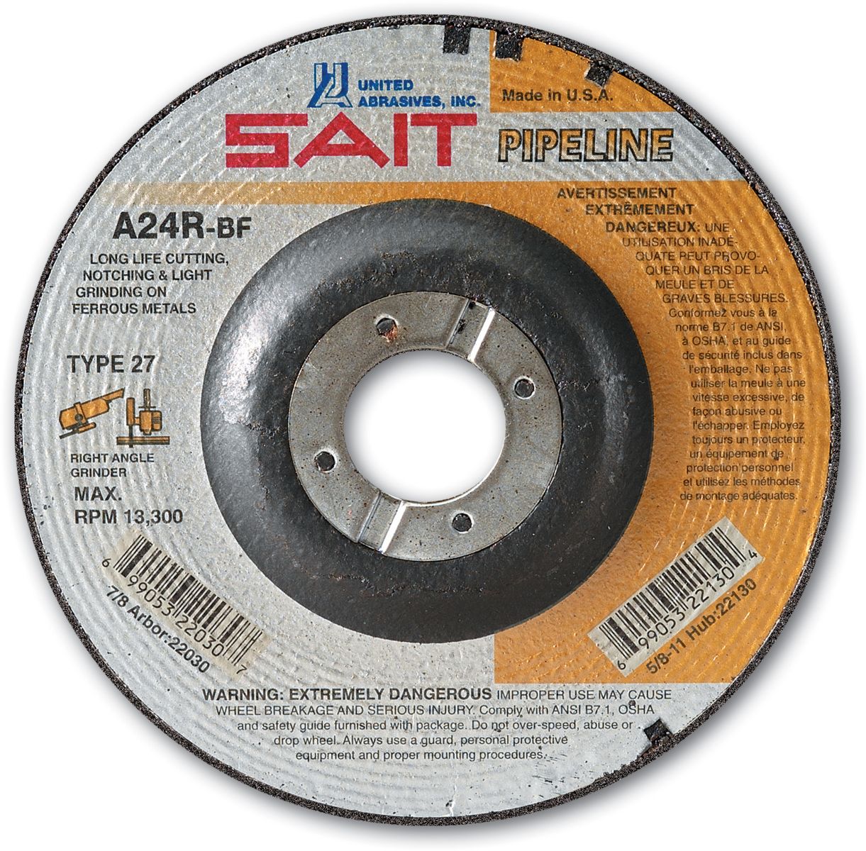 United Abrasives-SAIT 22015 A24R General Purpose Pipeline Wheel (Type 27 Depressed Center) 4" x 1/8" x 5/8"
