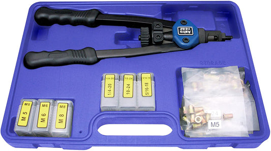 Astro 1442 13″ Nut/Thread Setting Hand Riveter Kit with 3pc Metric and 3pc SAE Mandrel/Nosepiece Sets and Rivet Nut Assortment