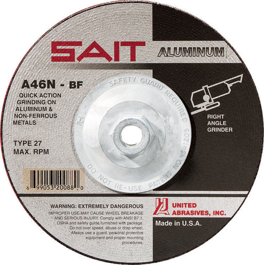 United Abrasives-SAIT 20088 A46N Aluminum Grinding Wheel (Type 27/Depressed Center) 7" x 1/4" x 5/8-11"