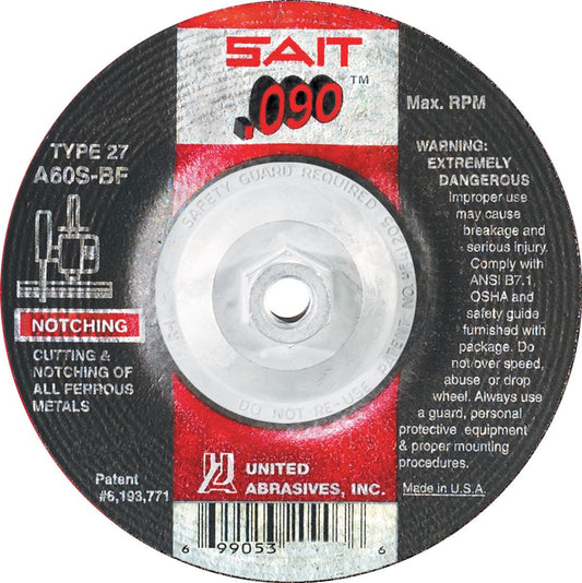 United Abrasives-Sait 7" x 0.090" Abrasive Cut-Off Wheel, Aluminum Oxide, 5/8"-11 Arbor Size, Type 27, A60S - 20916