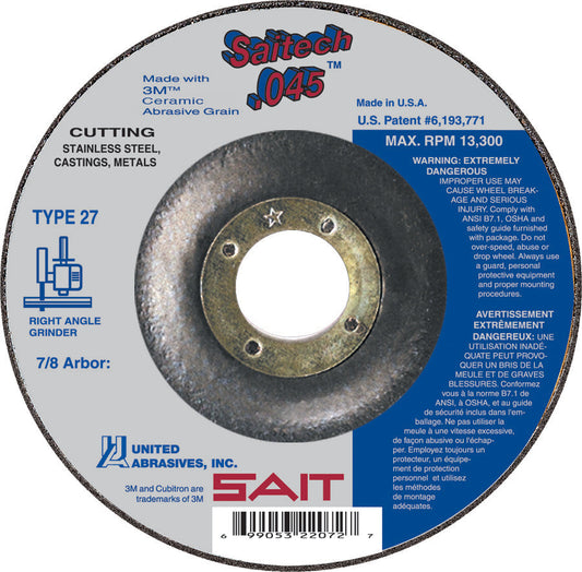 United Abrasives-SAIT 22072 Saitech™ High Performance Cut-Off Wheels (Type 27/Type 42 Depressed Center) 4 1/2" x .045" x 7/8",